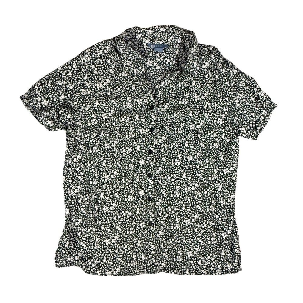 Koret Floral Button Down Shirt Womens Large Black White Short Sleeve Blouse Top